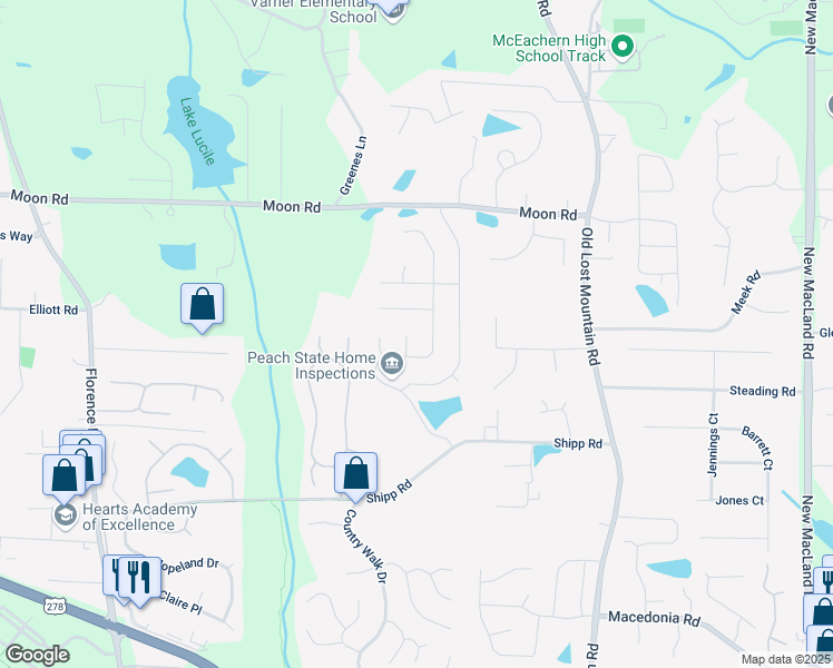 map of restaurants, bars, coffee shops, grocery stores, and more near 2687 Mountain Oaks Court Southwest in Powder Springs