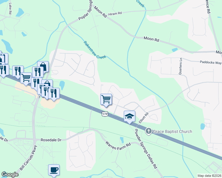 map of restaurants, bars, coffee shops, grocery stores, and more near 1601 Silver Meadow Drive in Powder Springs