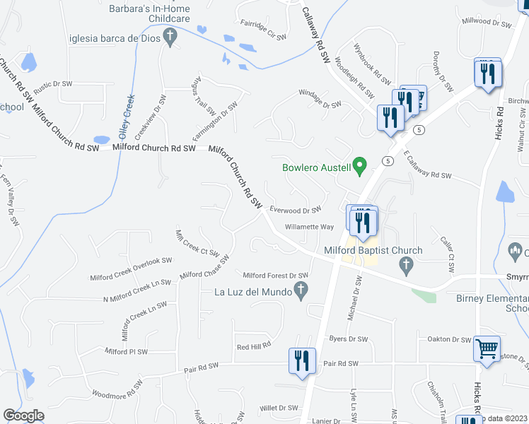 map of restaurants, bars, coffee shops, grocery stores, and more near 1398 Milford Church Road Southwest in Marietta