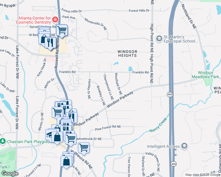 map of restaurants, bars, coffee shops, grocery stores, and more near 4725 Cherrywood Lane Northeast in Atlanta