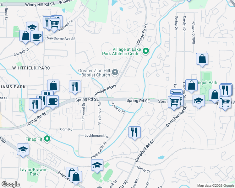 map of restaurants, bars, coffee shops, grocery stores, and more near 2024 Spring Road Southeast in Smyrna