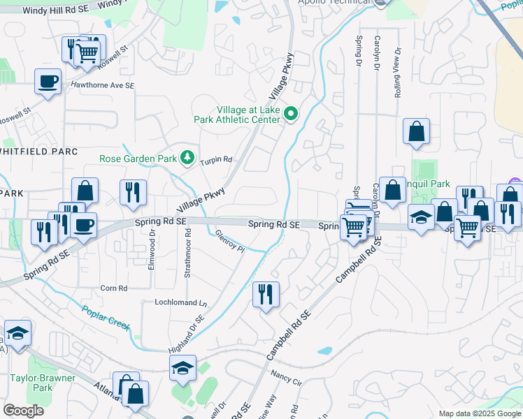 map of restaurants, bars, coffee shops, grocery stores, and more near 2866 Highland Drive Southeast in Smyrna