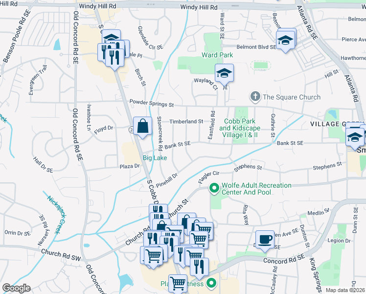 map of restaurants, bars, coffee shops, grocery stores, and more near 2856 Parkwood Road in Smyrna