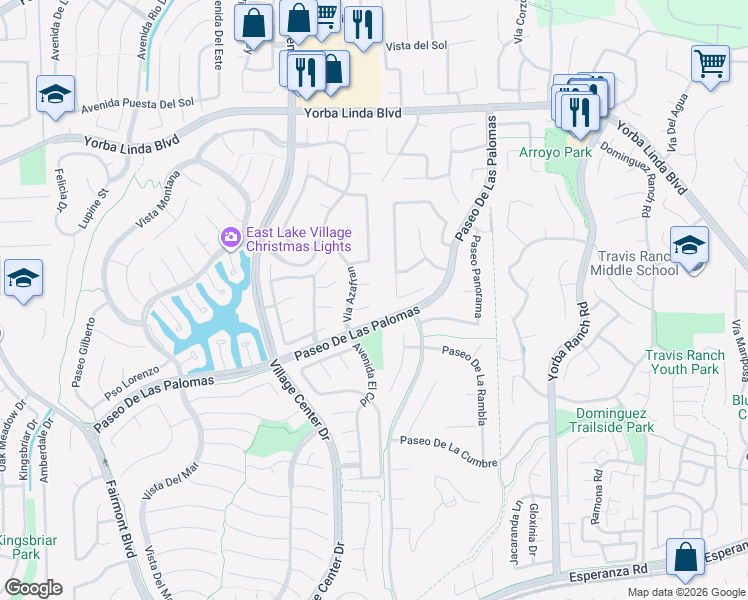map of restaurants, bars, coffee shops, grocery stores, and more near 20555 Vía Campanas in Yorba Linda