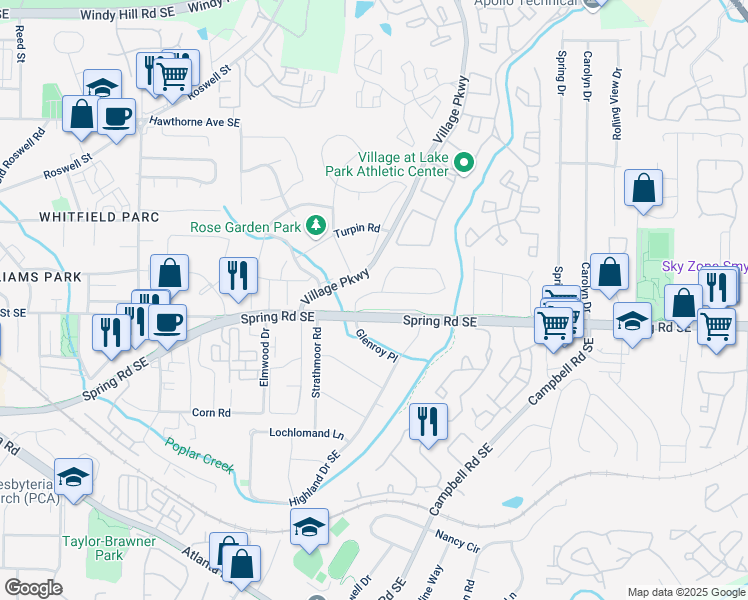 map of restaurants, bars, coffee shops, grocery stores, and more near 2010 Glenroy Drive in Smyrna