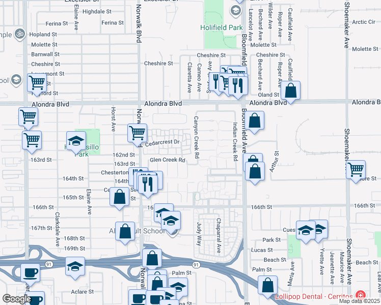 map of restaurants, bars, coffee shops, grocery stores, and more near 12362 Willowbranch Lane in Cerritos