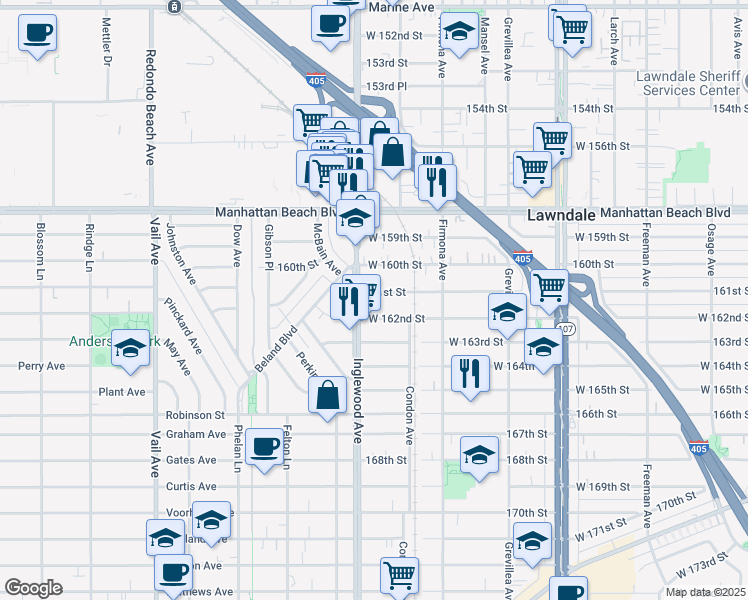 map of restaurants, bars, coffee shops, grocery stores, and more near 4740 161st Street in Lawndale