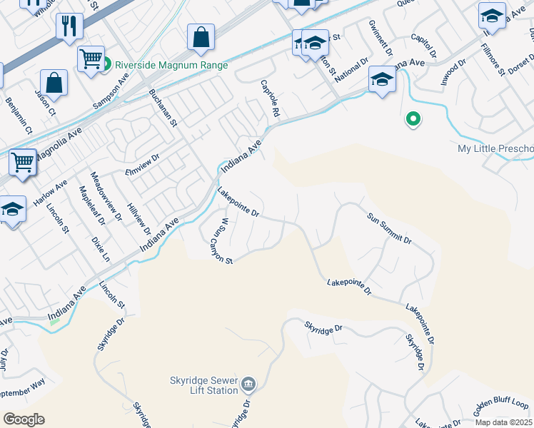 map of restaurants, bars, coffee shops, grocery stores, and more near 16200 Setting Sun Circle in Riverside