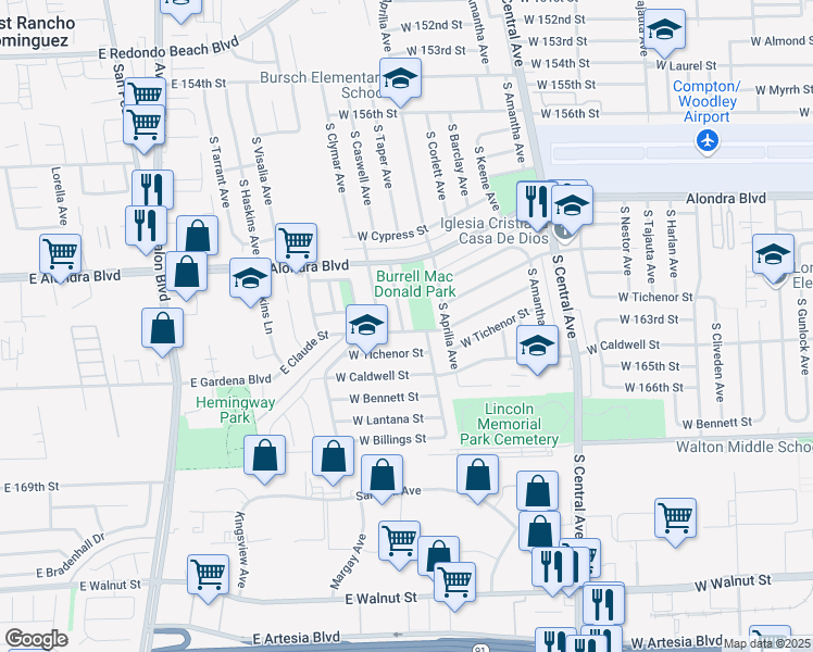map of restaurants, bars, coffee shops, grocery stores, and more near 1006 South Caswell Avenue in Compton
