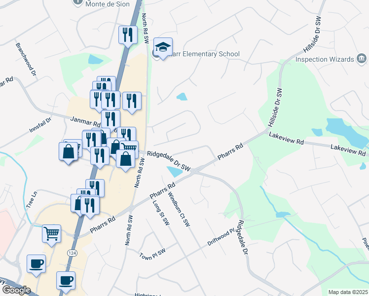 map of restaurants, bars, coffee shops, grocery stores, and more near 1697 Ramblewood Way Southwest in Snellville