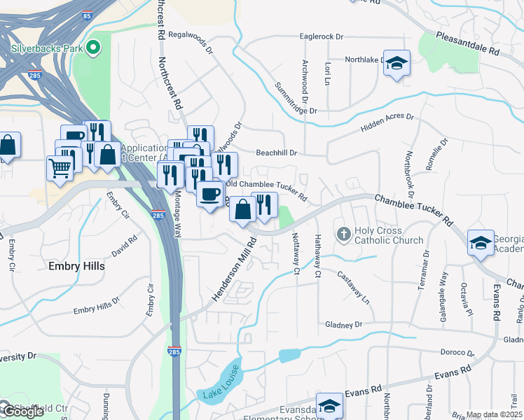 map of restaurants, bars, coffee shops, grocery stores, and more near 3662 Chamblee Tucker Road in Atlanta