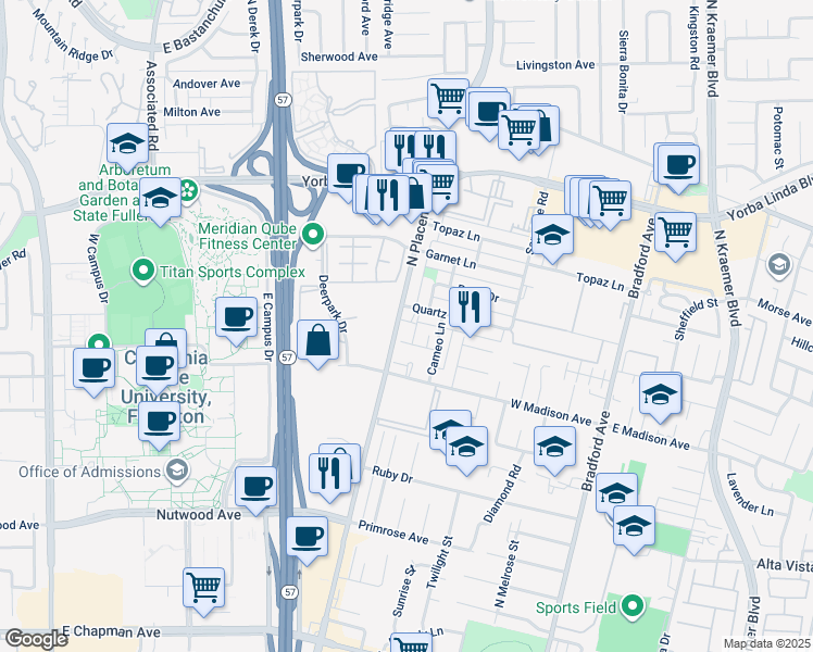 map of restaurants, bars, coffee shops, grocery stores, and more near 1324 North Placentia Avenue in Fullerton