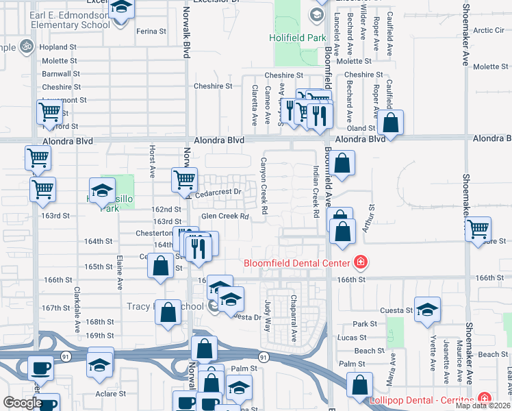 map of restaurants, bars, coffee shops, grocery stores, and more near 12362 Willowbranch Lane in Cerritos