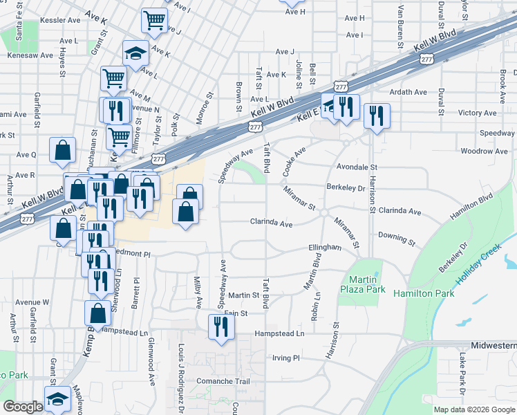 map of restaurants, bars, coffee shops, grocery stores, and more near 3000 Taft Boulevard in Wichita Falls