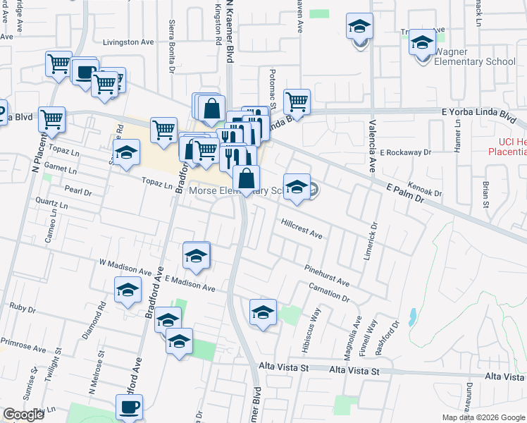 map of restaurants, bars, coffee shops, grocery stores, and more near 332 Costera Court in Placentia