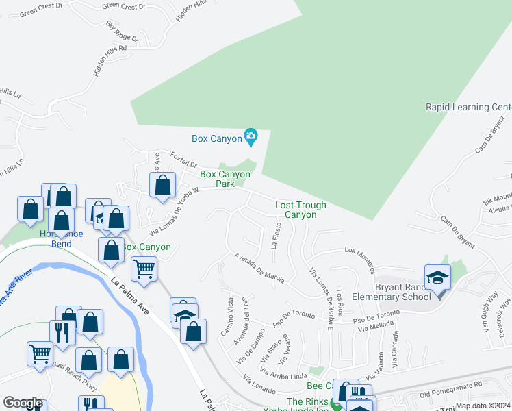 map of restaurants, bars, coffee shops, grocery stores, and more near 5140 Avenue De Despacio in Yorba Linda