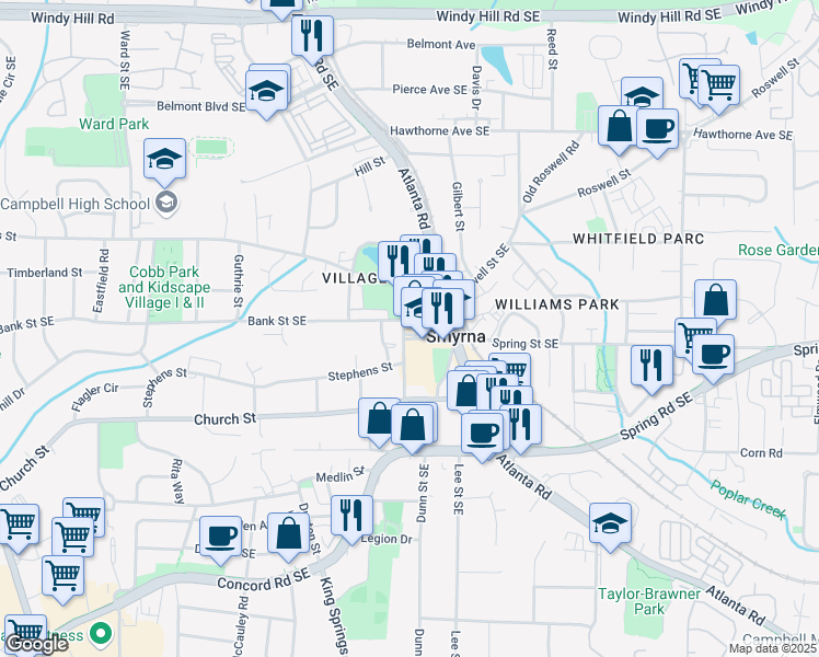 map of restaurants, bars, coffee shops, grocery stores, and more near 300 Village Green Circle in Smyrna