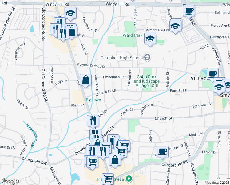 map of restaurants, bars, coffee shops, grocery stores, and more near 2804 Crestwood Road in Smyrna