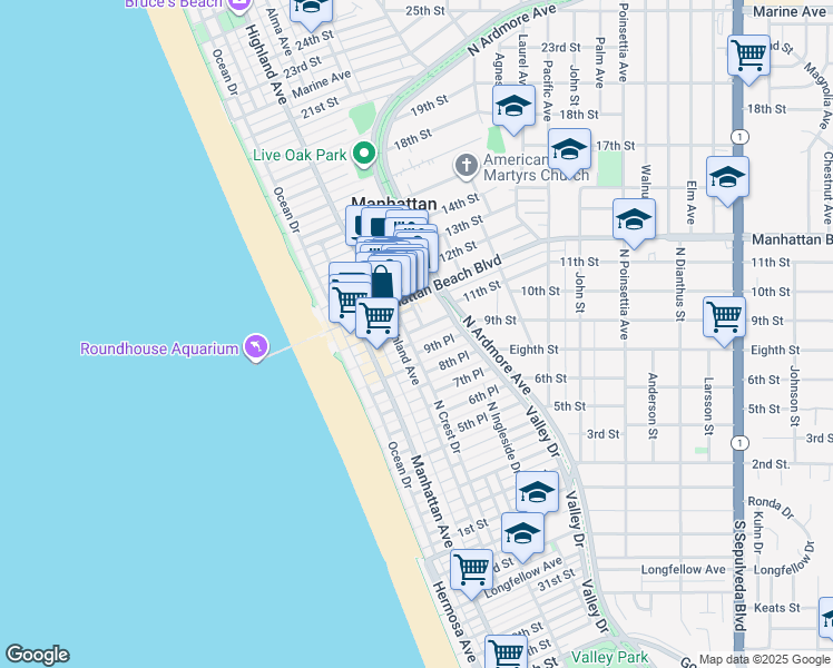 map of restaurants, bars, coffee shops, grocery stores, and more near 326 10th Place in Manhattan Beach