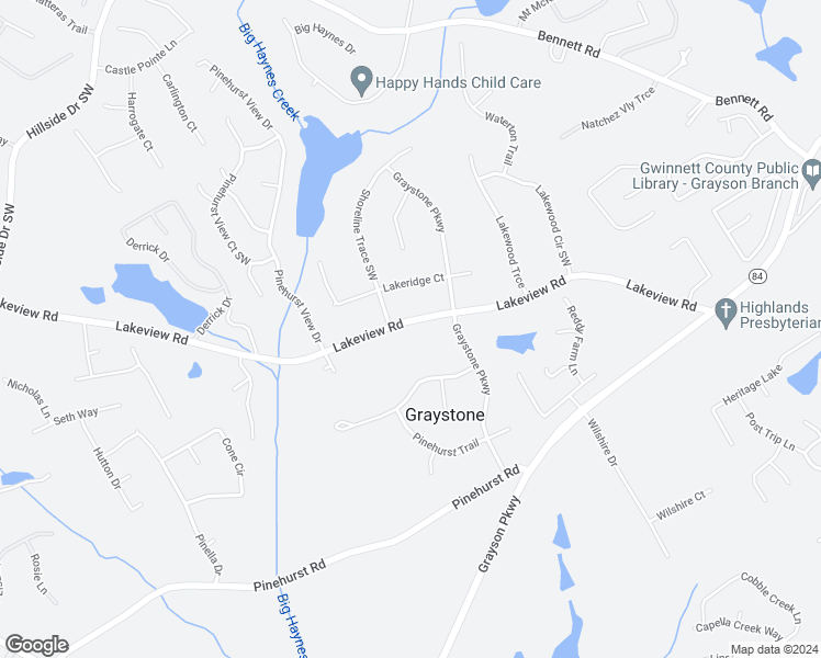 map of restaurants, bars, coffee shops, grocery stores, and more near 1144 Lakeview Road in Grayson