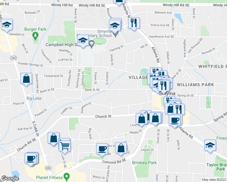 map of restaurants, bars, coffee shops, grocery stores, and more near 1076 Bank Street Southeast in Smyrna