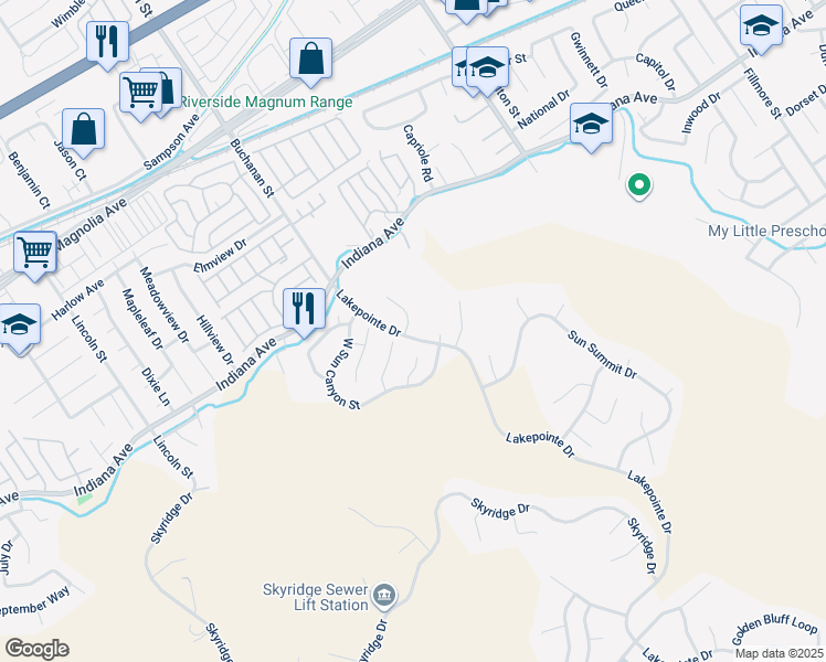map of restaurants, bars, coffee shops, grocery stores, and more near 16200 Setting Sun Circle in Riverside