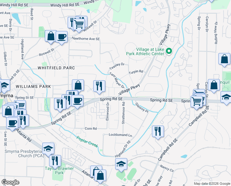 map of restaurants, bars, coffee shops, grocery stores, and more near 1860 Shenandoah Valley Lane Southeast in Smyrna