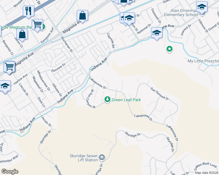 map of restaurants, bars, coffee shops, grocery stores, and more near 16200 Setting Sun Circle in Riverside