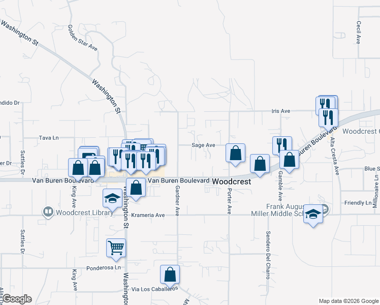 map of restaurants, bars, coffee shops, grocery stores, and more near 16140 Gardner Avenue in Riverside