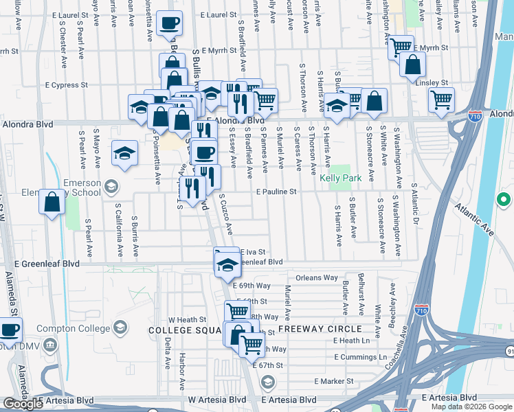 map of restaurants, bars, coffee shops, grocery stores, and more near 3750 East Pauline Street in Compton