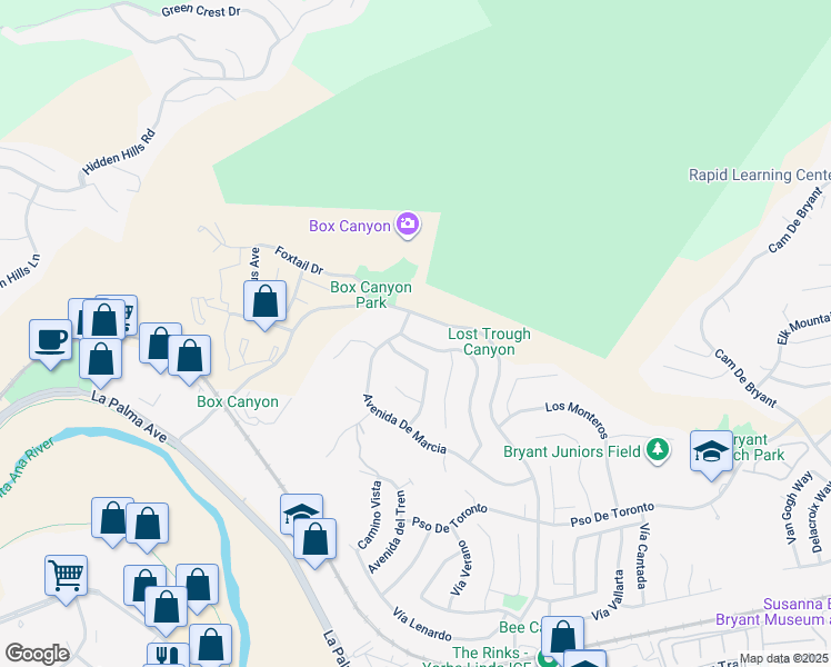 map of restaurants, bars, coffee shops, grocery stores, and more near 5140 Avenue De Despacio in Yorba Linda