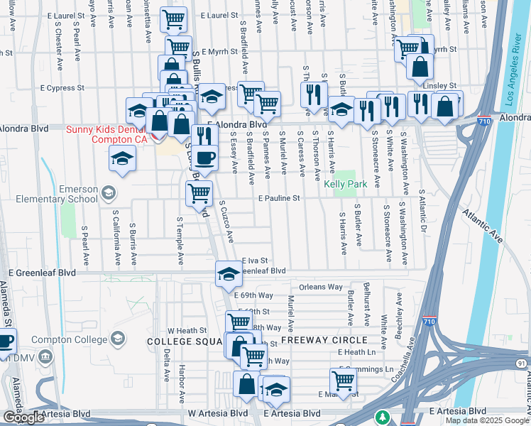 map of restaurants, bars, coffee shops, grocery stores, and more near 3838 East Pauline Street in Compton