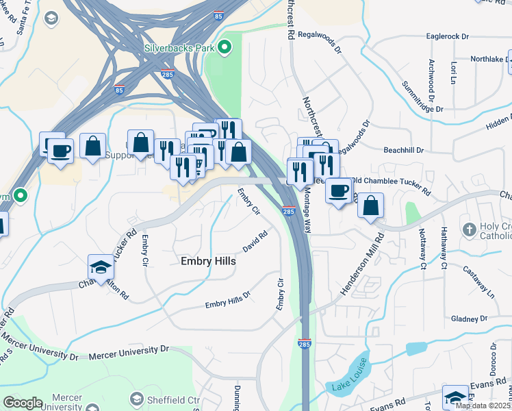 map of restaurants, bars, coffee shops, grocery stores, and more near 3693 Embry Circle in Chamblee