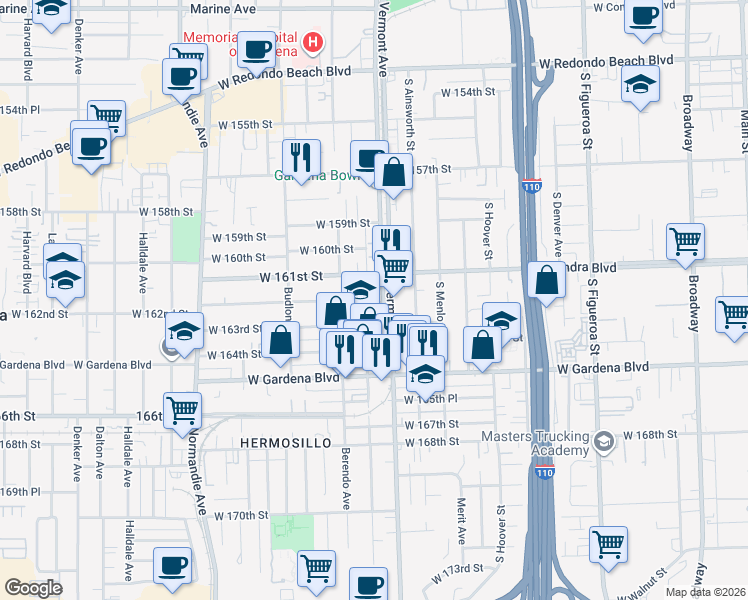map of restaurants, bars, coffee shops, grocery stores, and more near in Gardena