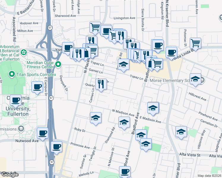 map of restaurants, bars, coffee shops, grocery stores, and more near 3175 Quartz Lane in Fullerton