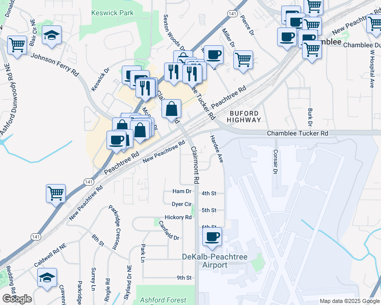 map of restaurants, bars, coffee shops, grocery stores, and more near 1000 Bozeman Drive in Chamblee