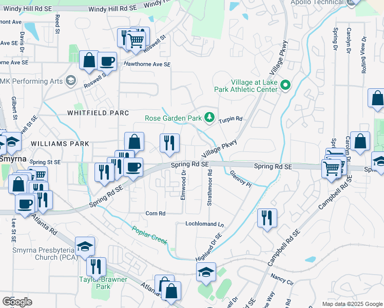 map of restaurants, bars, coffee shops, grocery stores, and more near 1860 Shenandoah Valley Lane Southeast in Smyrna