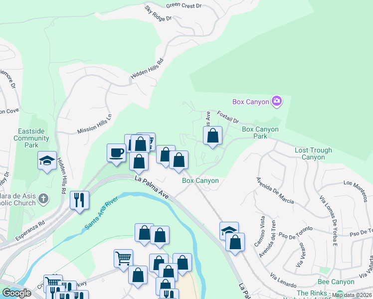 map of restaurants, bars, coffee shops, grocery stores, and more near 5255 Box Canyon Court in Yorba Linda