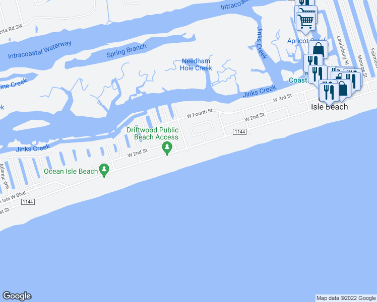 map of restaurants, bars, coffee shops, grocery stores, and more near 203 West 1st Street in Ocean Isle Beach