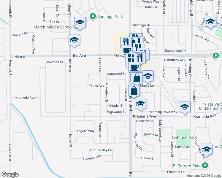 map of restaurants, bars, coffee shops, grocery stores, and more near 16210 Greenfield Street in Moreno Valley