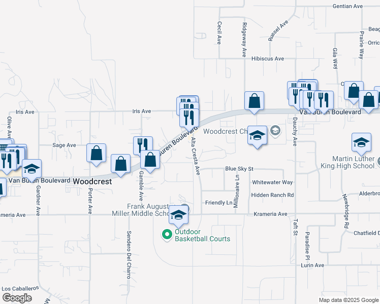 map of restaurants, bars, coffee shops, grocery stores, and more near 17945 Van Buren Boulevard in Riverside