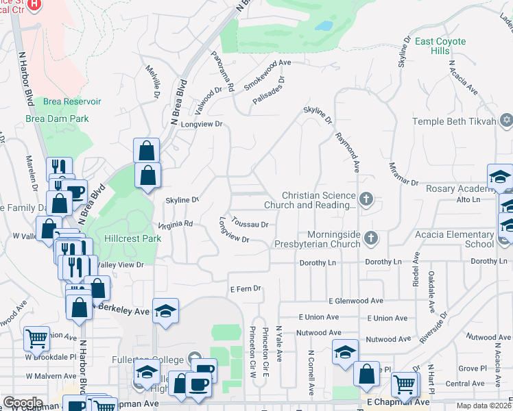 map of restaurants, bars, coffee shops, grocery stores, and more near 737 Miramar Drive in Fullerton