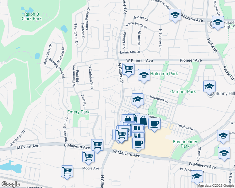 map of restaurants, bars, coffee shops, grocery stores, and more near 1311 North Gilbert Street in Fullerton