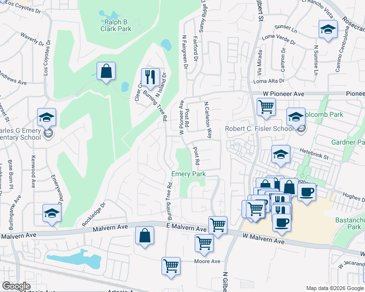 map of restaurants, bars, coffee shops, grocery stores, and more near 2654 Tarrytown Drive in Fullerton