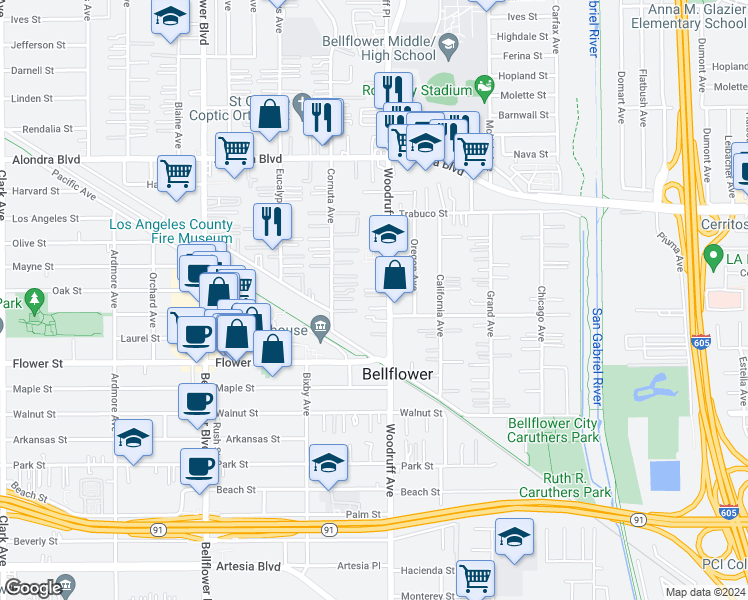 map of restaurants, bars, coffee shops, grocery stores, and more near 16416 Woodruff Avenue in Bellflower