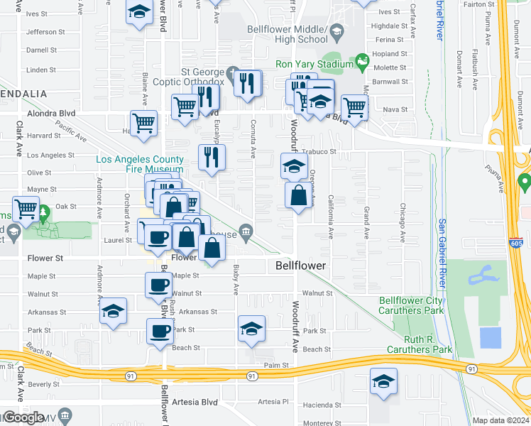 map of restaurants, bars, coffee shops, grocery stores, and more near 16340 Cornuta Avenue in Bellflower