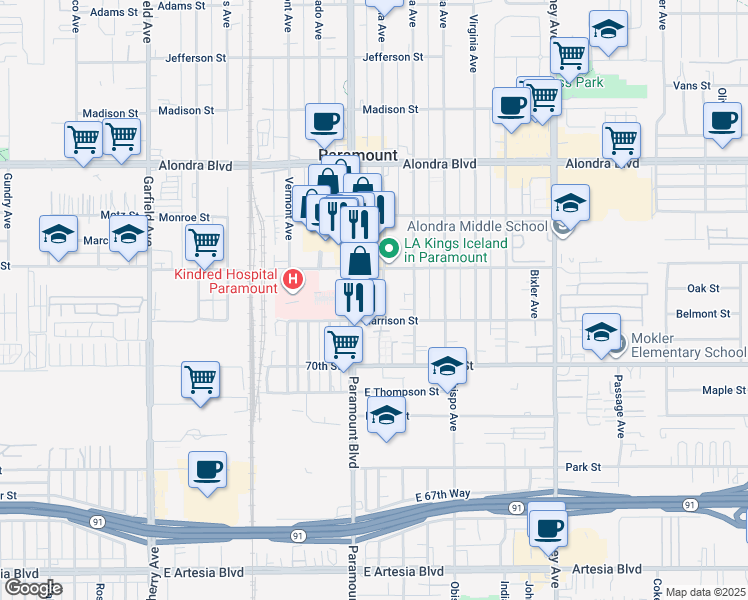 map of restaurants, bars, coffee shops, grocery stores, and more near 16444 Paramount Boulevard in Paramount