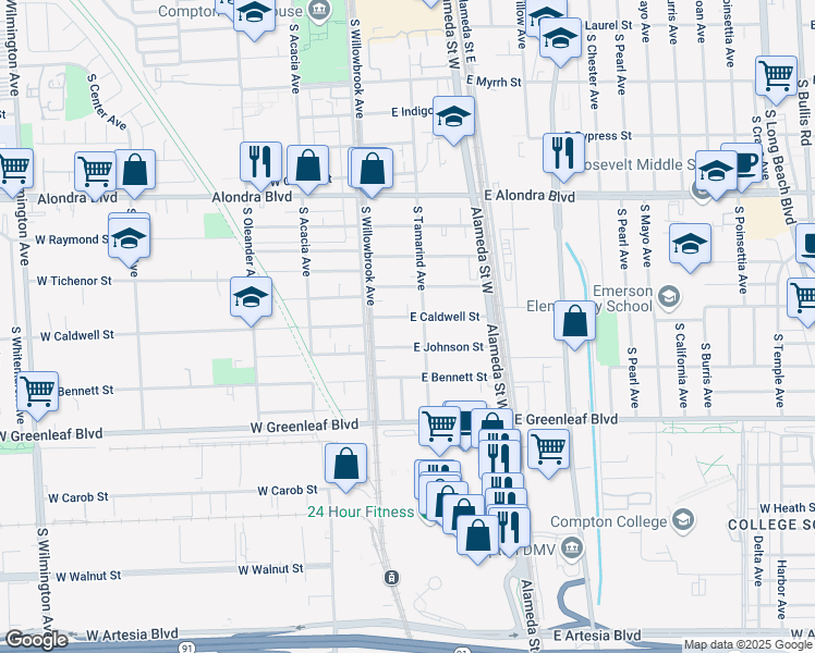 map of restaurants, bars, coffee shops, grocery stores, and more near 123 East Caldwell Street in Compton