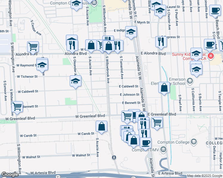 map of restaurants, bars, coffee shops, grocery stores, and more near 123 East Caldwell Street in Compton