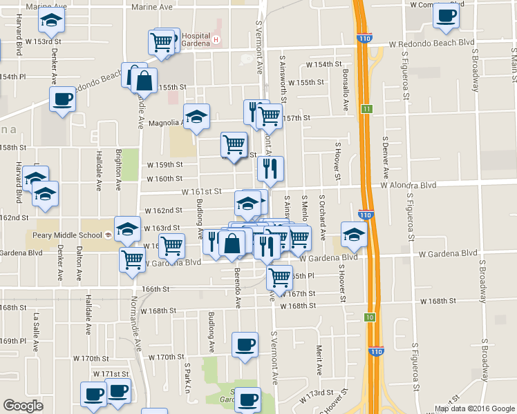 map of restaurants, bars, coffee shops, grocery stores, and more near in Gardena